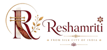 A luxury brand logo for 'Reshamriti' featuring a stylized maroon 'R' designed as a traditional Indian sitar, accented with gold details, alongside the brand name 'Reshamriti' and the tagline 'FROM SILK CITY OF INDIA' on a plain white background.